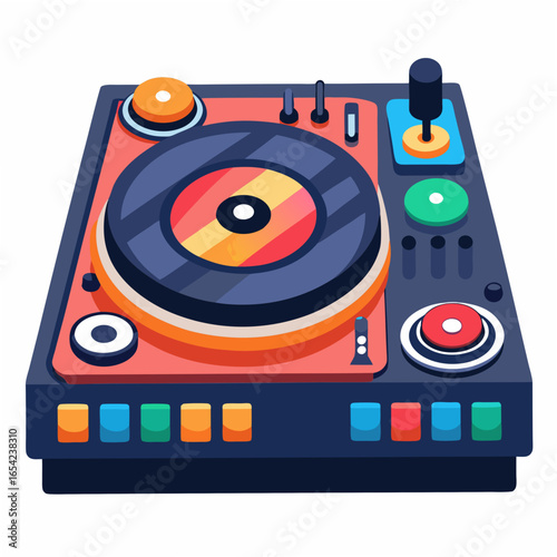 Colorful D J Turntable with Vinyl Record and Controls on a White Background music equipment