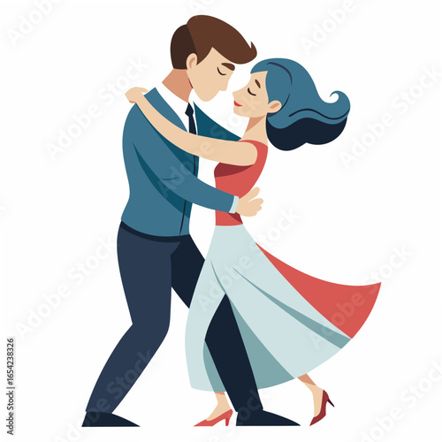 Couple dancing intimately on a white background with flowing dress and suit romantic dance ballroom dancing