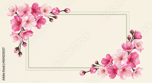 Rectangular frame decorated with pink cherry blossom branches on the top left and bottom right corners, set against a cream background.