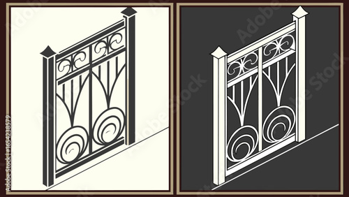 Isometric view of decorative metal fence panels with scrollwork and vertical bars in contrasting colors on display