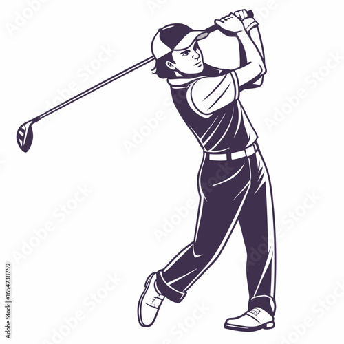 Male golfer in purple and white uniform swings club on white background sport