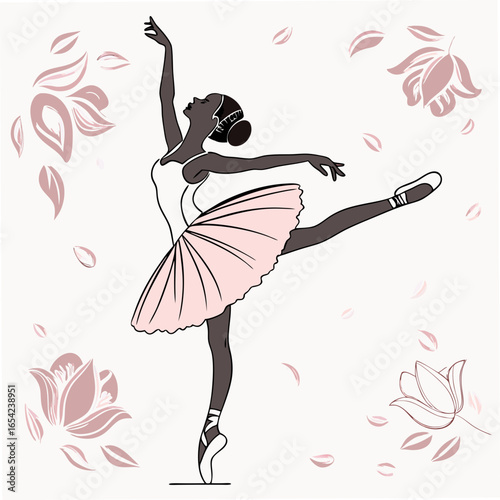 Silhouette of a ballerina in a pink tutu performing a graceful pose on a white background with floral accents