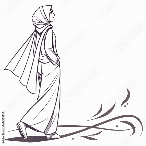 Woman wearing a hijab and long dress walking with hands in pockets on a white background with decorative swirls