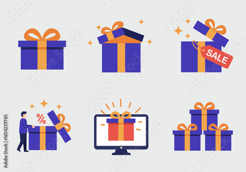 A collection of stylized gift boxes, some open, showing online and offline sale concepts.