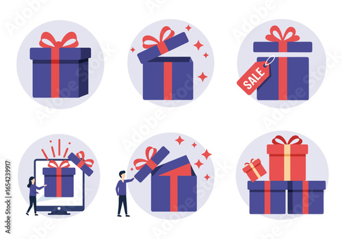 A collection of six flat design icons illustrating various aspects of gift-giving and shopping, including closed and open presents, a sale tag, and people in...