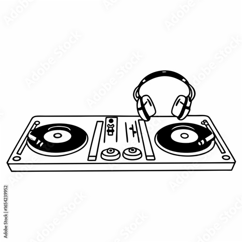 Black and white illustration of a D J turntable with headphones on a white background mixer music