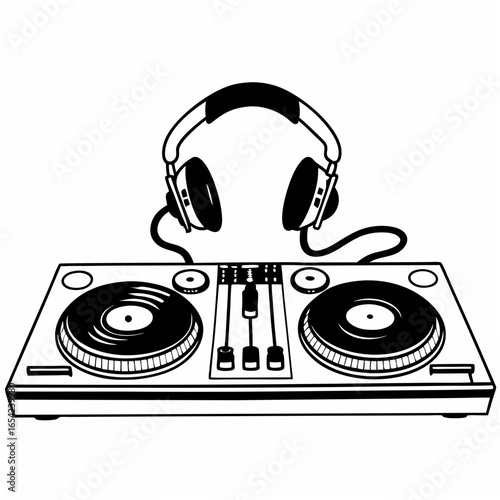 Black and white dj turntable with headphones on a white background music audio