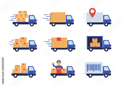 Delivery truck icons showing various stages of package transportation and delivery.