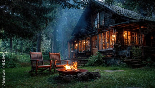 Rustic cabin in forest at twilight, fire pit
