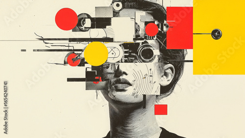 Intrigued face covered by data collage pieces exhibits curious expression