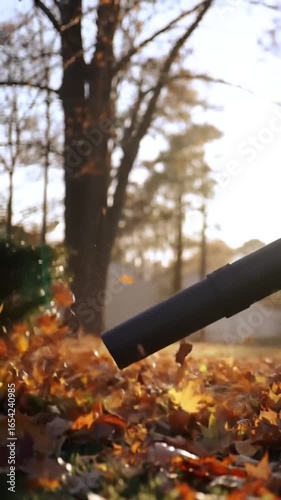 Autumn leaves blown by leaf blower