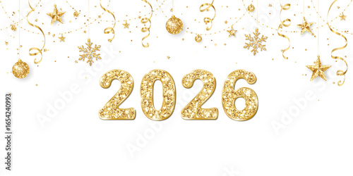 Happy New Year banner. 2026 gold glitter numbers. Confetti, snowflakes and stars decoration.