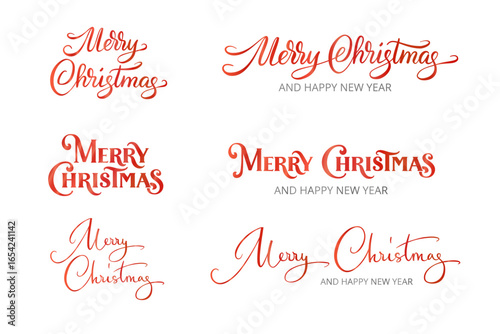 Set of red Merry Christmas and Happy New Year text designs. Calligraphy script, vintage serif lettering. Great for holiday greeting cards, invitations, posters. Transparent background in vector file.