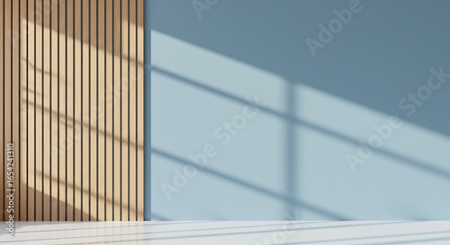 A minimalist interior scene featuring a wooden slatted wall, a blue wall, and shadows.