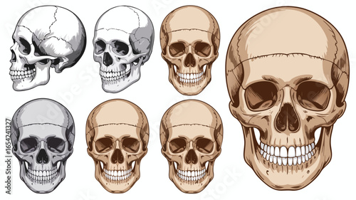 Anatomical Illustration of Seven Human Skulls in Various Angles and Color Shades on White Background