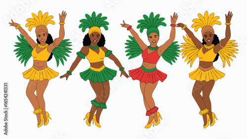 Animated Carnival Dancers Yellow, Green, and Red Costumes with Feather Headdresses Dancing Together