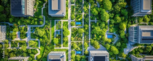 Aerial view of modern buildings surrounded by lush greenery and landscaped parks, showcasing urban design and nature integration.