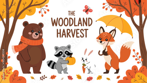 Autumnal Woodland Harvest Cartoon Bear, Raccoon, Rabbit, and Fox Celebrating with Seasonal Decor and Butterfly