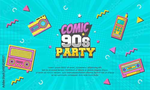 Comic background 90s party theme with elements