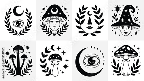 Black and White Mystical Art Faces, Moons, Eyes, Stars, and Mushrooms Composition