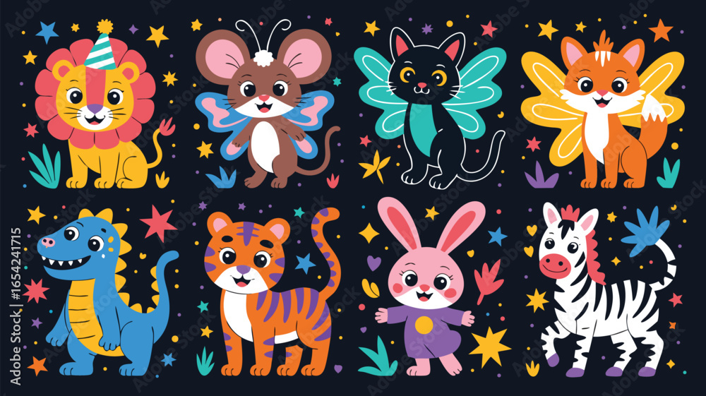 Naklejka premium Cartoon Animal Characters Lion, Mouse, Cat, Fox, Dinosaur, Tiger, Rabbit, Zebra with Stars