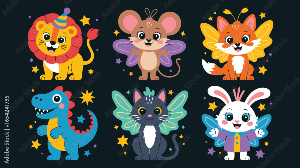 Fototapeta premium Cartoon Animals with Fairy Wings and Stars Lion, Mouse, Fox, Dinosaur, Cat, Rabbit