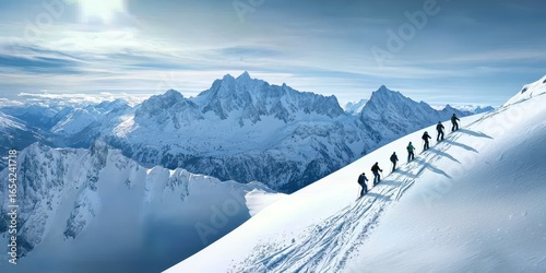 A group of climbers ascends a snowy mountain ridge, surrounded by majestic peaks under a bright sky, showcasing the beauty and challenges of high-altitude trekking.