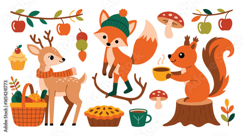 Cartoon Autumn Animals Deer, Fox, Squirrel with Fall Foods and Drinks Illustration Design