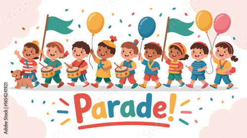 Cartoon Children Parade with Balloons, Flags, Drums and a Dog, Festive Celebration Illustration