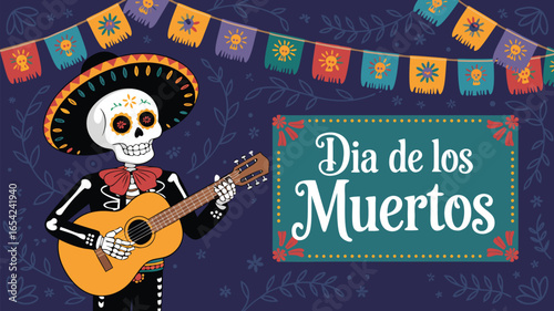 Cartoon Dia de los Muertos Illustration Skeleton Playing Guitar with Festive Banners and Sign