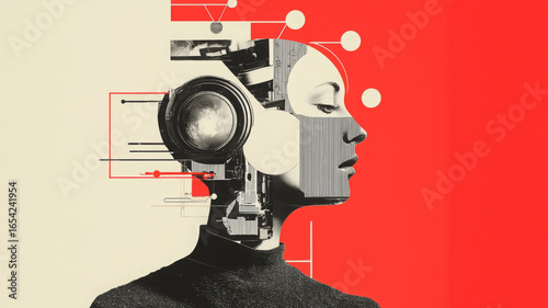 Robot head with collage and artistic design, feeling innovative