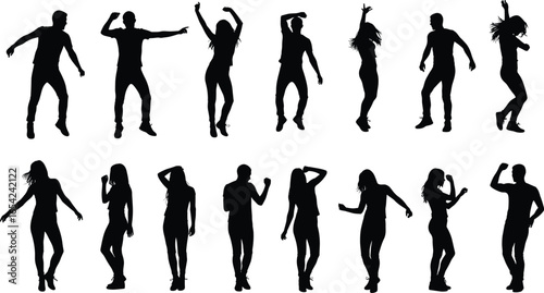 Dance silhouette collection, joyful movement poses, diverse people dancing, creative design inspiration, energetic art figures, human shapes illustration,  