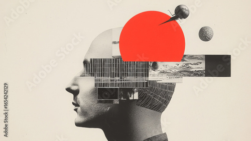Dada collage of monetized minds show confusion and wonder about digital banner