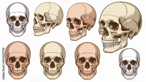 Collection of Various Colored Skull Illustrations Front and Side Views on White Background