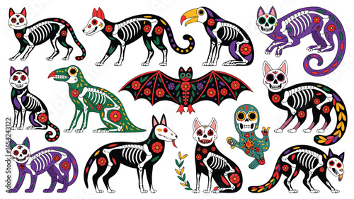 Colorful Day of the Dead Animal Skeletons Cats, Dogs, Toucan, Bat, and Cactus Characters