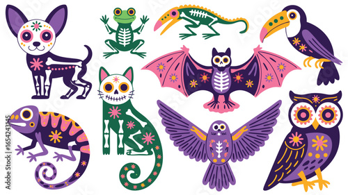 Colorful Day of the Dead Animals Dog, Cat, Bat, Owl, Chameleon Illustration