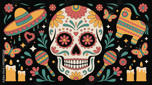 Colorful Day of the Dead Illustration with Sugar Skull, Maracas, Sombrero and Candles