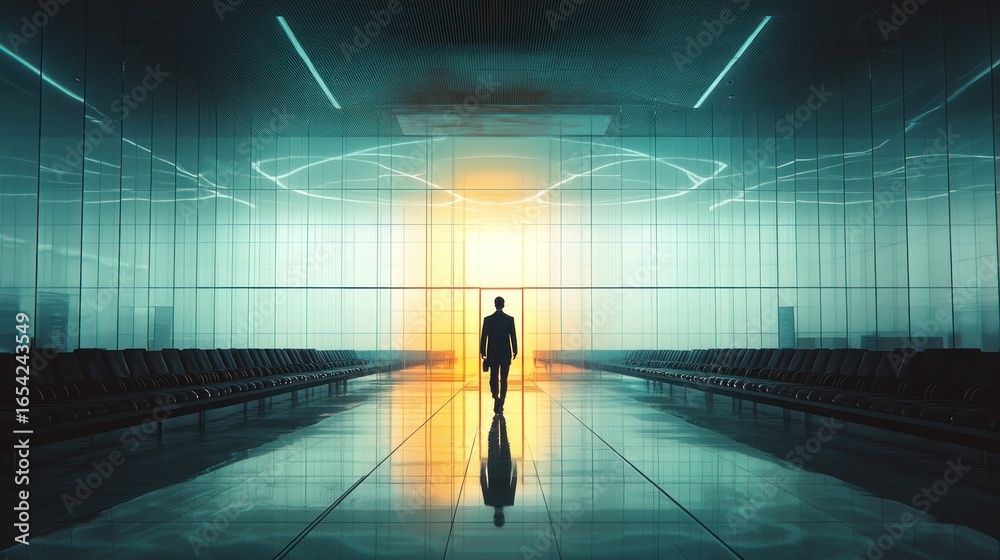 Fototapeta premium A business traveler walking through a luxury airport lounge with modern architecture.
