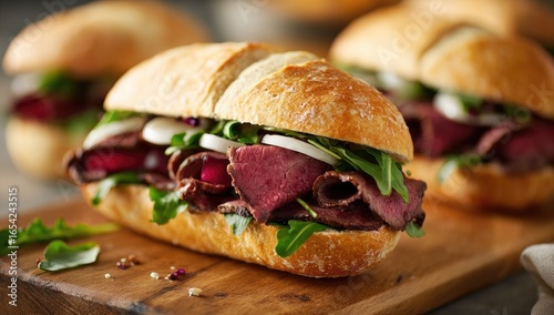Close-up of gourmet roast beef sandwiches on a wooden board