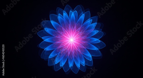 Abstract image of a flower-like shape with blue petals and a bright pink center, against a dark background.