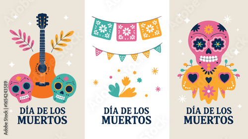 Colorful Día de los Muertos Icons Sugar Skulls, Guitar, Banners and Flowers Illustration