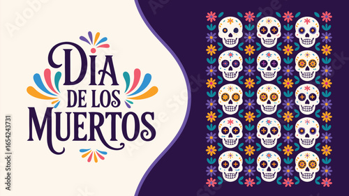 Colorful Día de los Muertos Illustration with Decorative Skulls and Flowers on Dark Purple Background