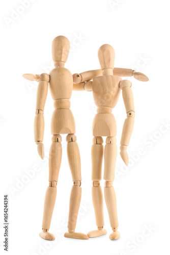Wooden mannequins hugging o...
