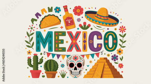 Colorful Mexico Illustration with Taco, Tequila, Sombrero, Sugar Skull, Cactus, and Pyramid
