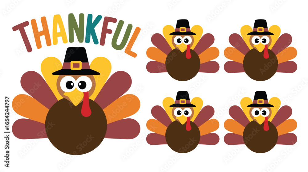 Obraz premium Colorful Thankful Text with Turkey Illustrations Featuring Pilgrim Hats for Thanksgiving Celebration