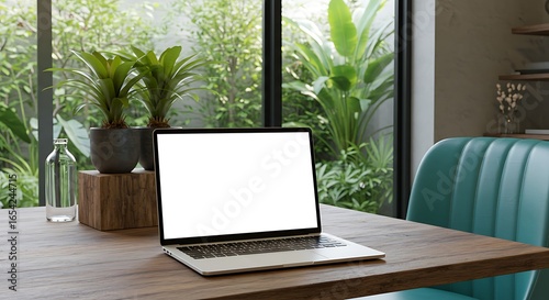 Laptop sits on a wooden table in a bright room with plants visible through the window.