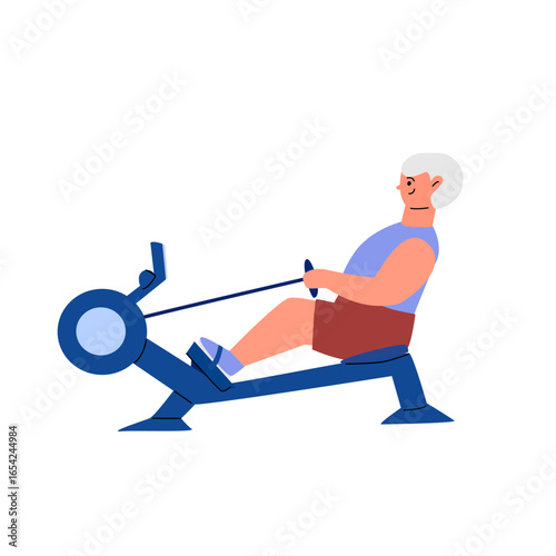Elderly caucasian male exercising on rowing machine illustration.