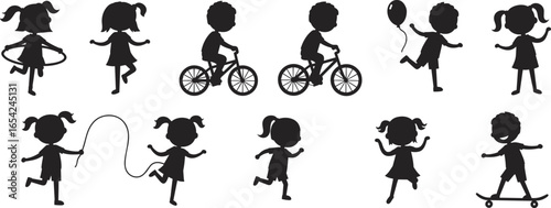 Silhouette of children playing outdoors, active kids in various activities, fun, sports, recreation, vector art, childhood lifestyle, energetic illustration design