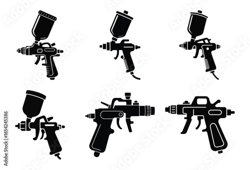 Collection of six black silhouettes of spray paint guns