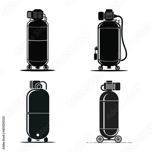 Four black silhouettes of air compressors on white background